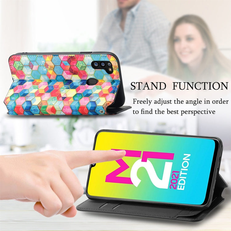 For Samsung Galaxy M21 2021 Colorful Magnetic Horizontal Flip Leather Phone Case with Holder & Card Slot & Wallet