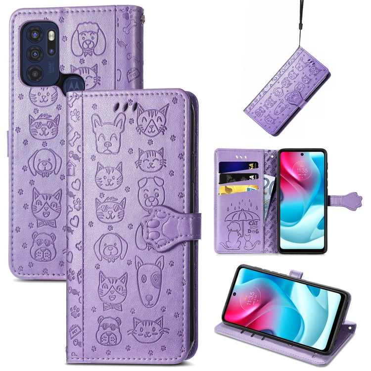 For Motorola Moto G60S Lovely Cat and Dog Embossing Pattern Horizontal Flip Leather Phone Case with Holder & Card Slots & Wallet & Cartoon Clasp & Lanyard