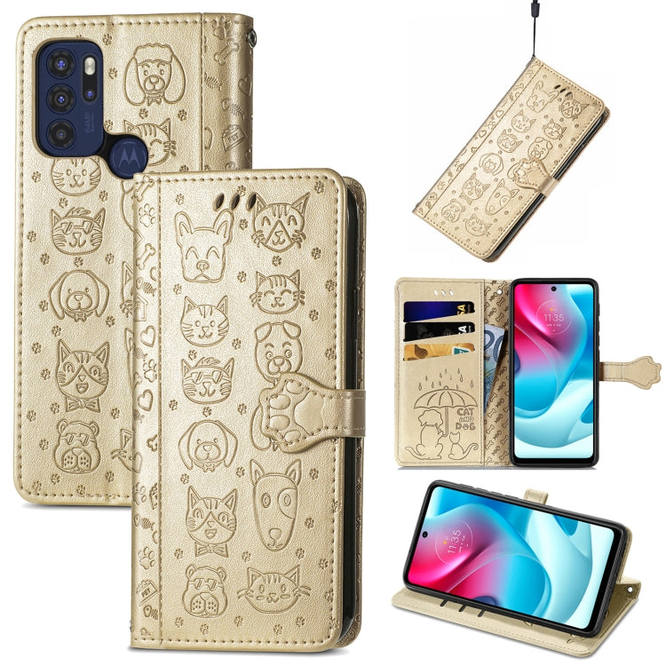 For Motorola Moto G60S Lovely Cat and Dog Embossing Pattern Horizontal Flip Leather Phone Case with Holder & Card Slots & Wallet & Cartoon Clasp & Lanyard