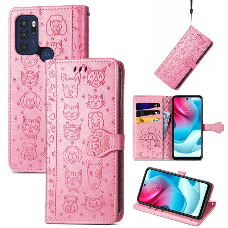 For Motorola Moto G60S Lovely Cat and Dog Embossing Pattern Horizontal Flip Leather Phone Case with Holder & Card Slots & Wallet & Cartoon Clasp & Lanyard
