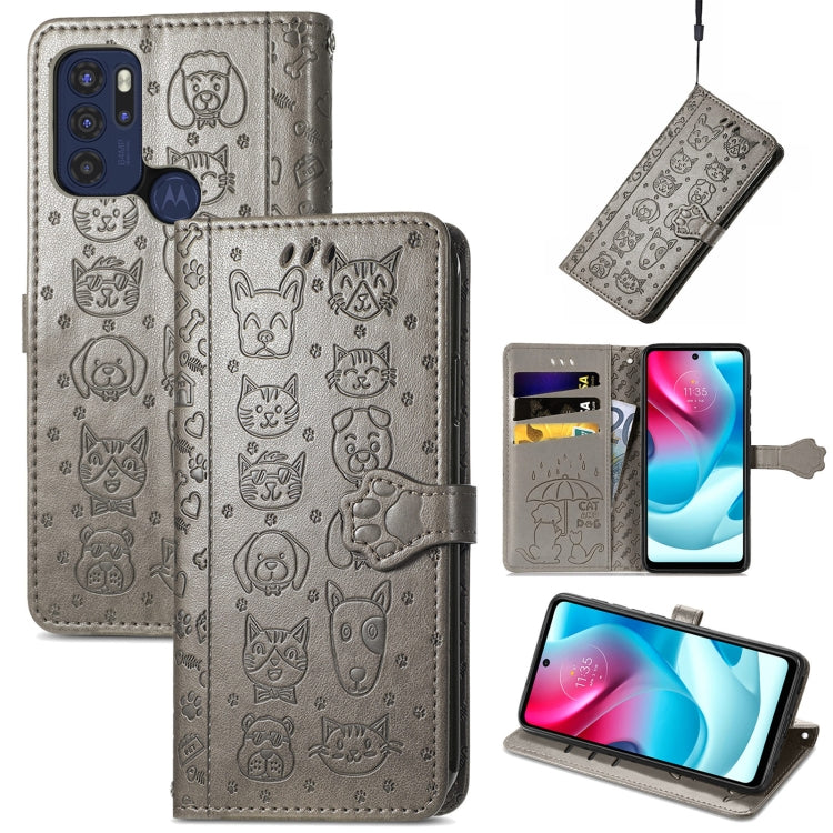 For Motorola Moto G60S Lovely Cat and Dog Embossing Pattern Horizontal Flip Leather Phone Case with Holder & Card Slots & Wallet & Cartoon Clasp & Lanyard