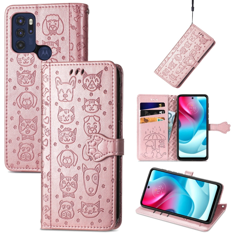 For Motorola Moto G60S Lovely Cat and Dog Embossing Pattern Horizontal Flip Leather Phone Case with Holder & Card Slots & Wallet & Cartoon Clasp & Lanyard