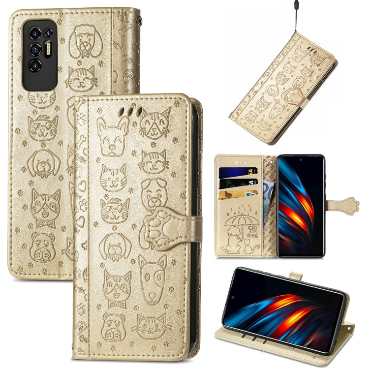 For Tecno Pova 2 Lovely Cat and Dog Embossing Pattern Horizontal Flip Leather Phone Case with Holder & Card Slots & Wallet & Cartoon Clasp & Lanyard