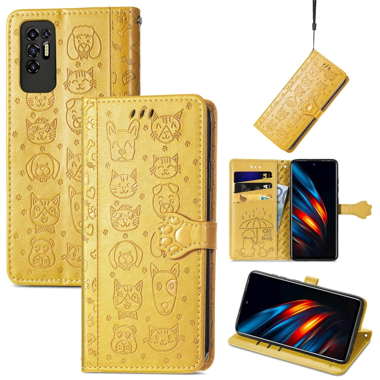 For Tecno Pova 2 Lovely Cat and Dog Embossing Pattern Horizontal Flip Leather Phone Case with Holder & Card Slots & Wallet & Cartoon Clasp & Lanyard
