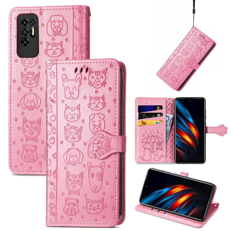 For Tecno Pova 2 Lovely Cat and Dog Embossing Pattern Horizontal Flip Leather Phone Case with Holder & Card Slots & Wallet & Cartoon Clasp & Lanyard