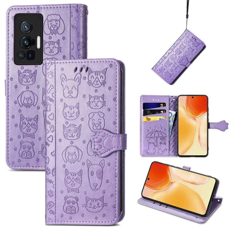 For vivo X70 Pro Lovely Cat and Dog Embossing Pattern Horizontal Flip Leather Phone Case with Holder & Card Slots & Wallet & Cartoon Clasp & Lanyard