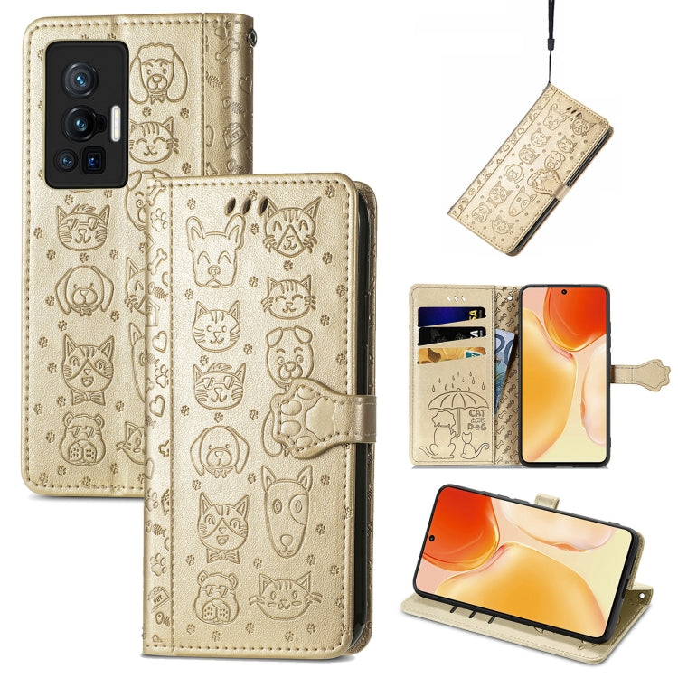 For vivo X70 Pro Lovely Cat and Dog Embossing Pattern Horizontal Flip Leather Phone Case with Holder & Card Slots & Wallet & Cartoon Clasp & Lanyard