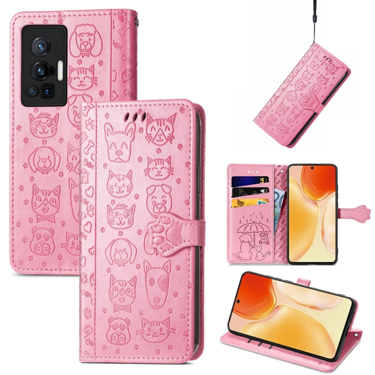 For vivo X70 Pro Lovely Cat and Dog Embossing Pattern Horizontal Flip Leather Phone Case with Holder & Card Slots & Wallet & Cartoon Clasp & Lanyard
