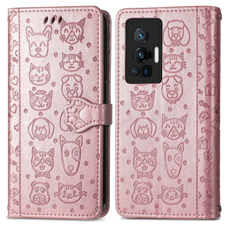 For vivo X70 Pro Lovely Cat and Dog Embossing Pattern Horizontal Flip Leather Phone Case with Holder & Card Slots & Wallet & Cartoon Clasp & Lanyard