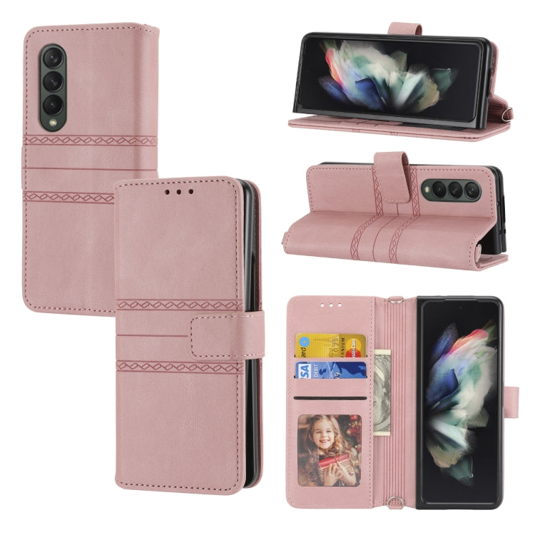 For Samsung Galaxy Z Fold3 5G Embossed Striped Magnetic Buckle PU + TPU Horizontal Flip Phone Leather Case