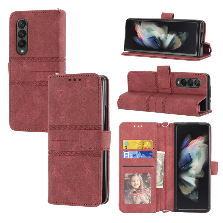 For Samsung Galaxy Z Fold3 5G Embossed Striped Magnetic Buckle PU + TPU Horizontal Flip Phone Leather Case