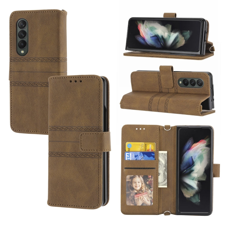 For Samsung Galaxy Z Fold3 5G Embossed Striped Magnetic Buckle PU + TPU Horizontal Flip Phone Leather Case