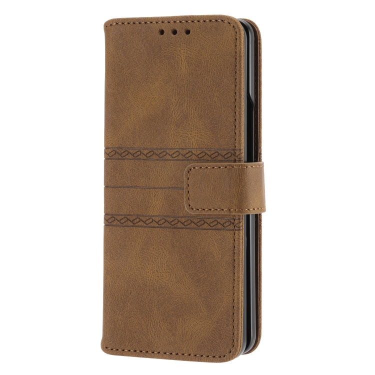 For Samsung Galaxy Z Fold3 5G Embossed Striped Magnetic Buckle PU + TPU Horizontal Flip Phone Leather Case