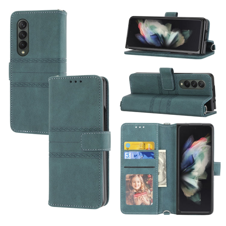 For Samsung Galaxy Z Fold3 5G Embossed Striped Magnetic Buckle PU + TPU Horizontal Flip Phone Leather Case