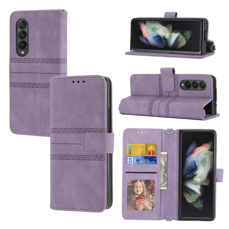 For Samsung Galaxy Z Fold3 5G Embossed Striped Magnetic Buckle PU + TPU Horizontal Flip Phone Leather Case