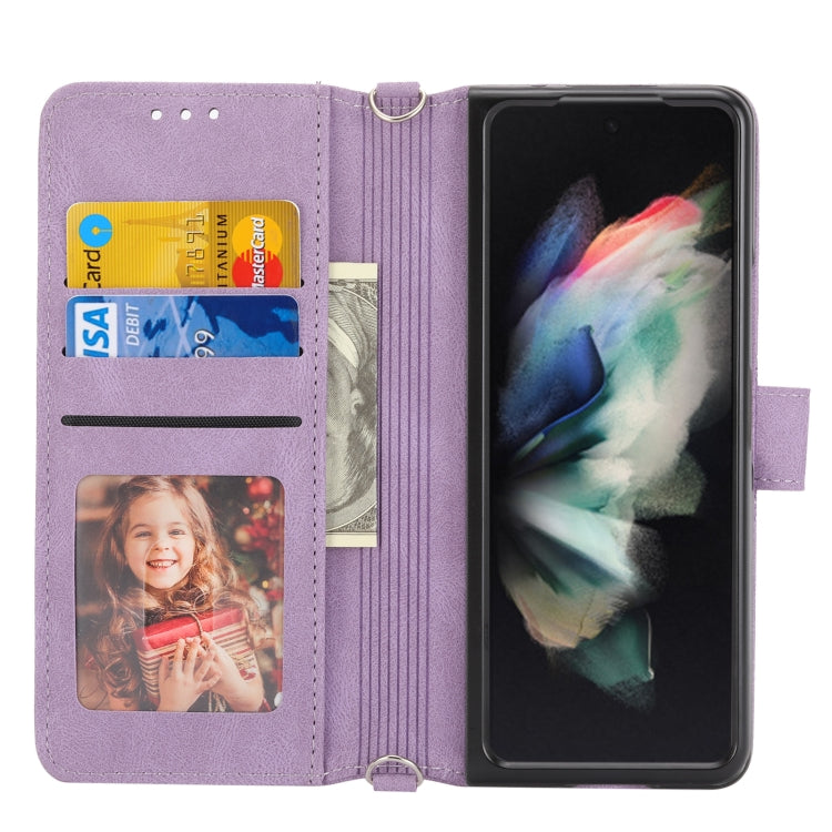 For Samsung Galaxy Z Fold3 5G Embossed Striped Magnetic Buckle PU + TPU Horizontal Flip Phone Leather Case