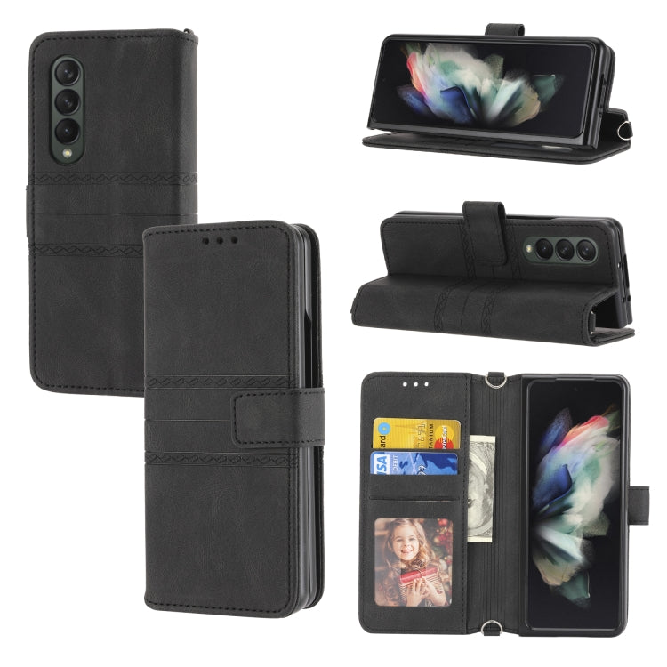 For Samsung Galaxy Z Fold3 5G Embossed Striped Magnetic Buckle PU + TPU Horizontal Flip Phone Leather Case