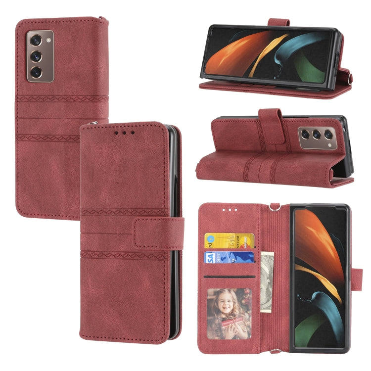 For Samsung Galaxy Z Fold2 5G Embossed Striped Magnetic Buckle PU + TPU Horizontal Flip Phone Leather Case