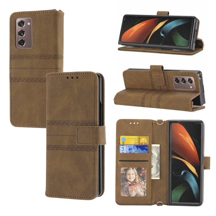 For Samsung Galaxy Z Fold2 5G Embossed Striped Magnetic Buckle PU + TPU Horizontal Flip Phone Leather Case