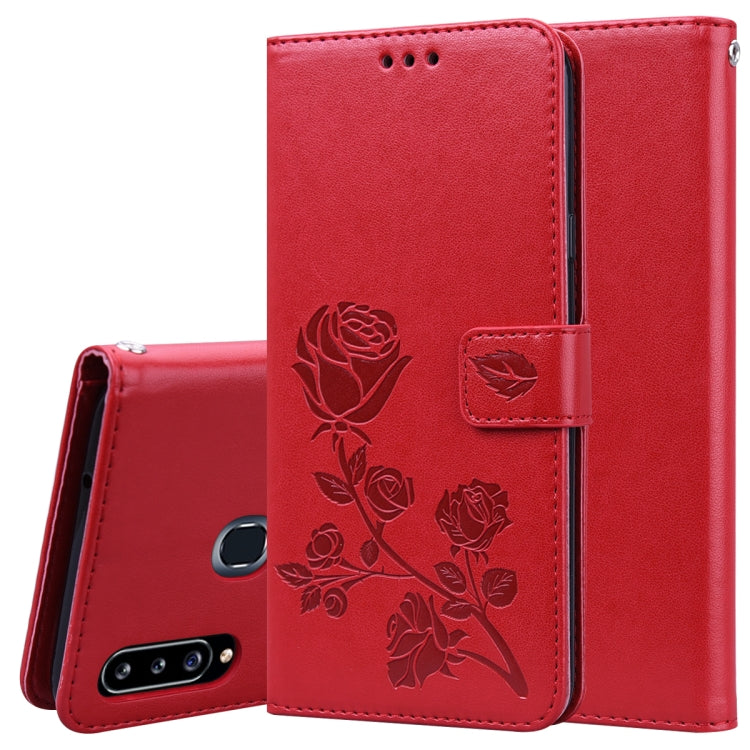 For Galaxy A20s Rose Embossed Horizontal Flip PU Leather Case, with Holder & Card Slots & Wallet
