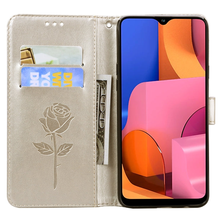 For Galaxy A20s Rose Embossed Horizontal Flip PU Leather Case, with Holder & Card Slots & Wallet