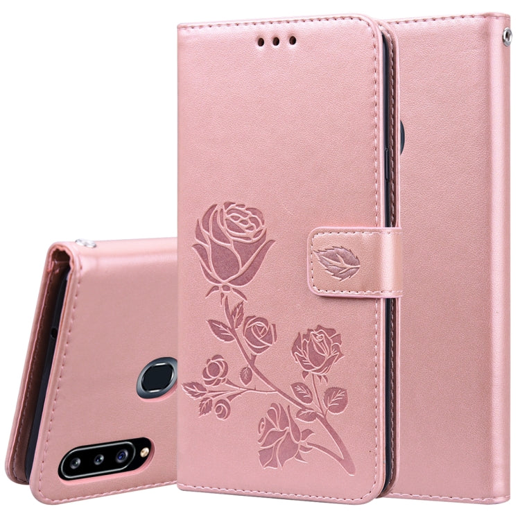 For Galaxy A20s Rose Embossed Horizontal Flip PU Leather Case, with Holder & Card Slots & Wallet