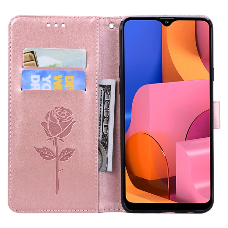 For Galaxy A20s Rose Embossed Horizontal Flip PU Leather Case, with Holder & Card Slots & Wallet