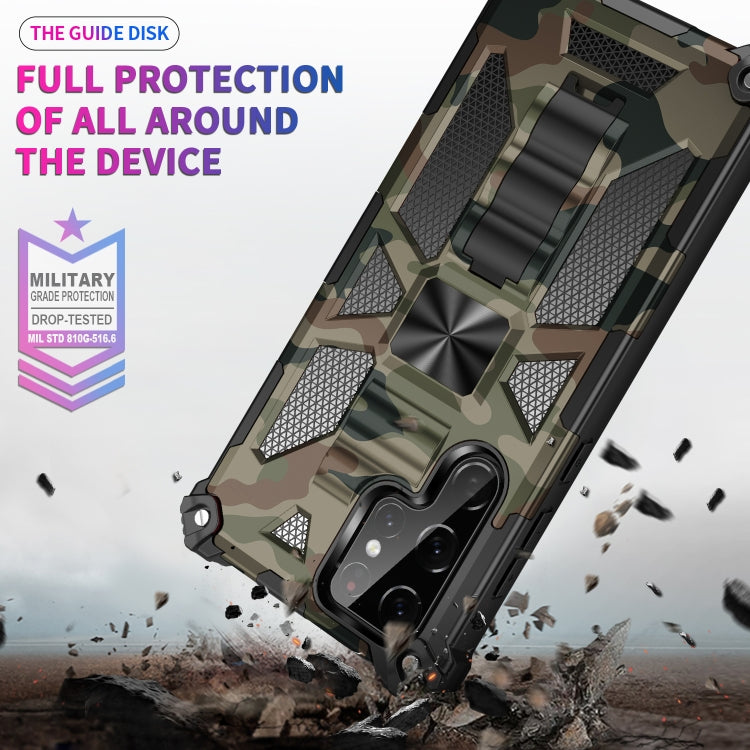 For Samsung Galaxy S22 Ultra 5G Camouflage Armor Shockproof TPU + PC Magnetic Protective Phone Case with Holder