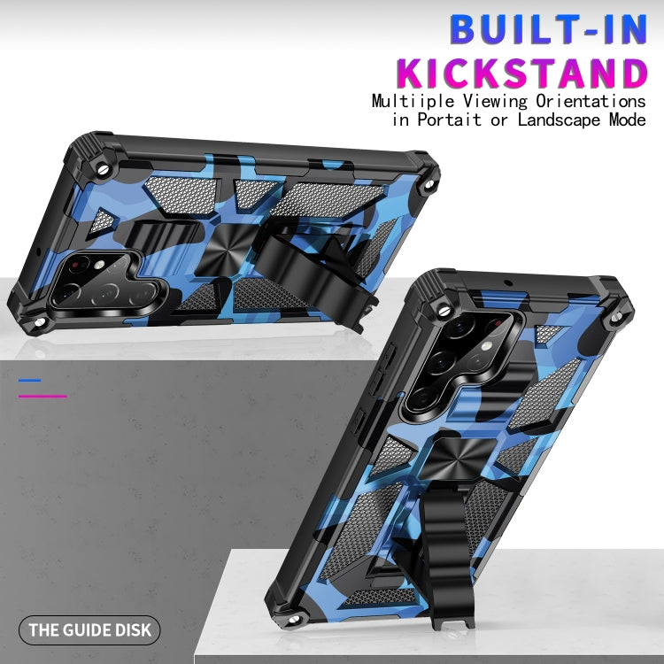 For Samsung Galaxy S22 Ultra 5G Camouflage Armor Shockproof TPU + PC Magnetic Protective Phone Case with Holder