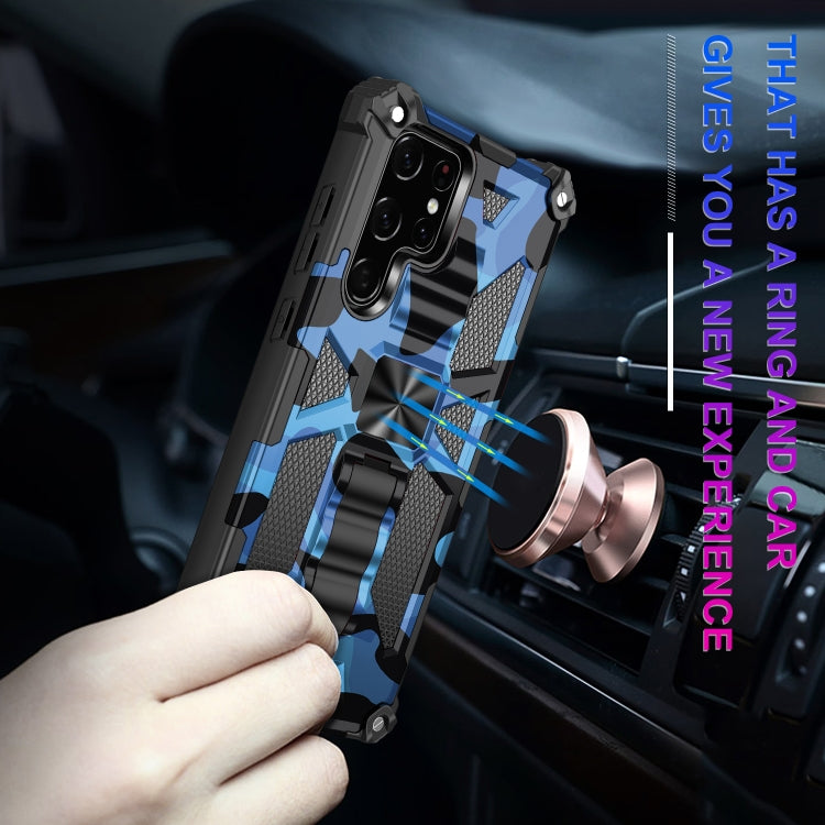 For Samsung Galaxy S22 Ultra 5G Camouflage Armor Shockproof TPU + PC Magnetic Protective Phone Case with Holder