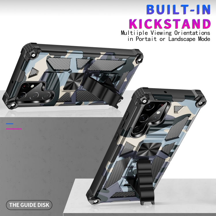 For Samsung Galaxy S22 Ultra 5G Camouflage Armor Shockproof TPU + PC Magnetic Protective Phone Case with Holder