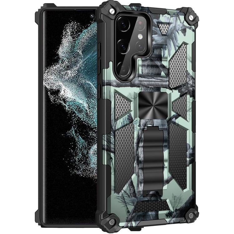 For Samsung Galaxy S22 Ultra 5G Camouflage Armor Shockproof TPU + PC Magnetic Protective Phone Case with Holder