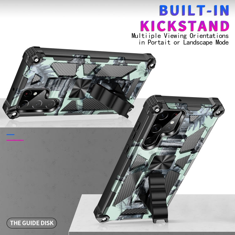 For Samsung Galaxy S22 Ultra 5G Camouflage Armor Shockproof TPU + PC Magnetic Protective Phone Case with Holder