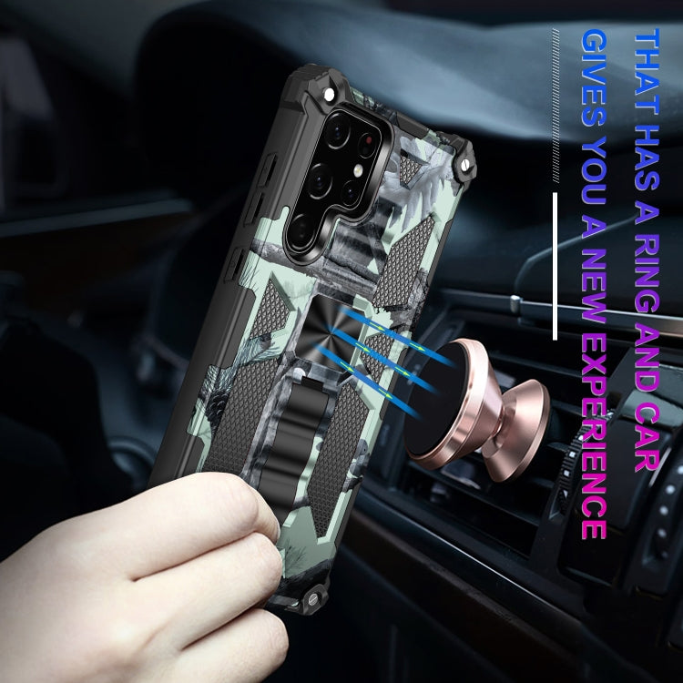 For Samsung Galaxy S22 Ultra 5G Camouflage Armor Shockproof TPU + PC Magnetic Protective Phone Case with Holder