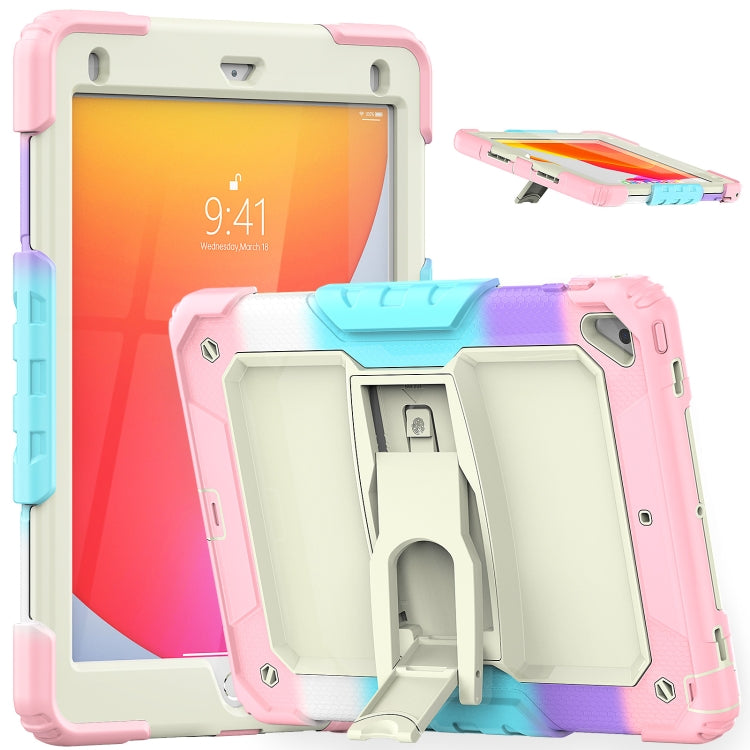 Shockproof Colorful Silicone + Beige PC Tablet Protective Case with Holder & Shoulder Strap For iPad 9.7 2018 / 2017