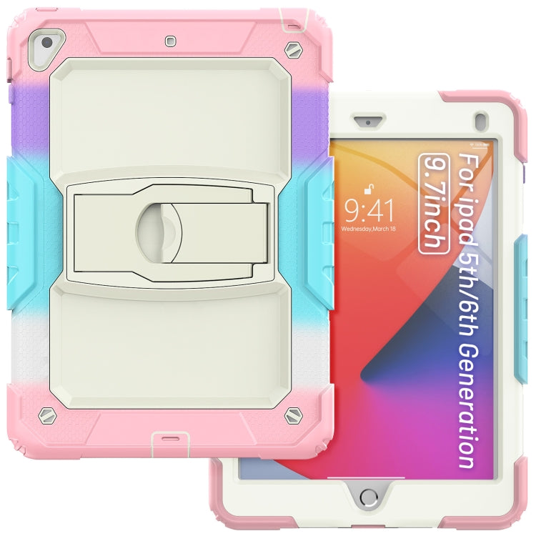 Shockproof Colorful Silicone + Beige PC Tablet Protective Case with Holder & Shoulder Strap For iPad 9.7 2018 / 2017