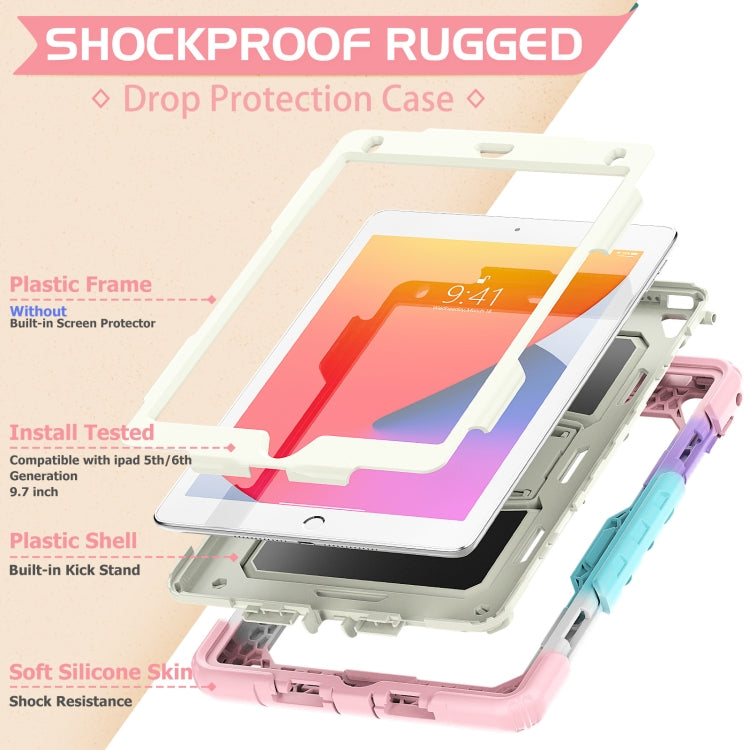 Shockproof Colorful Silicone + Beige PC Tablet Protective Case with Holder & Shoulder Strap For iPad 9.7 2018 / 2017