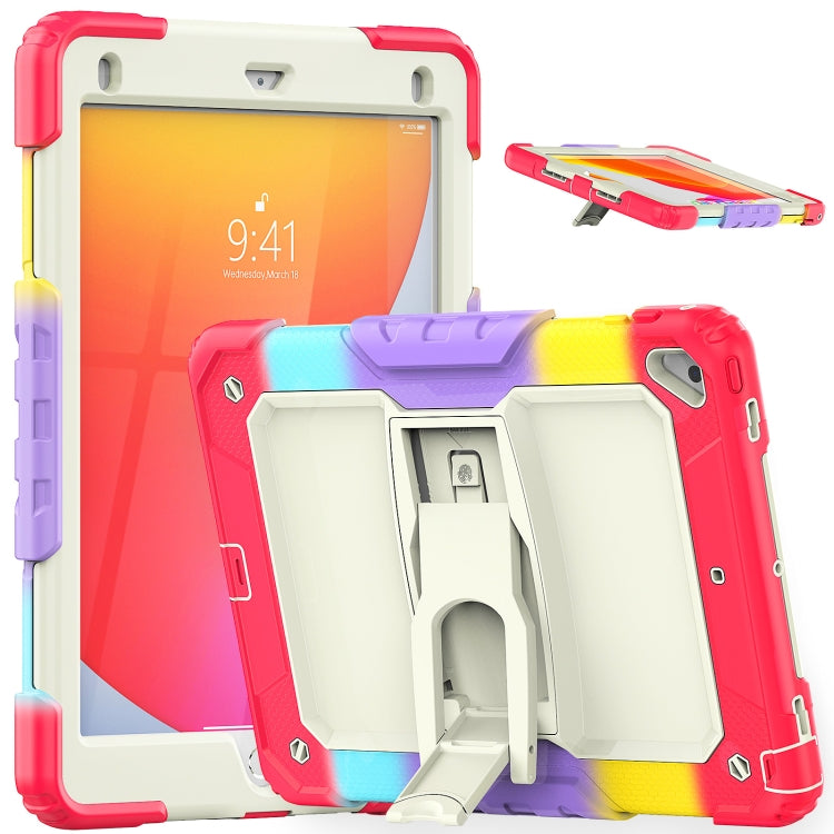 Shockproof Colorful Silicone + Beige PC Tablet Protective Case with Holder & Shoulder Strap For iPad 9.7 2018 / 2017