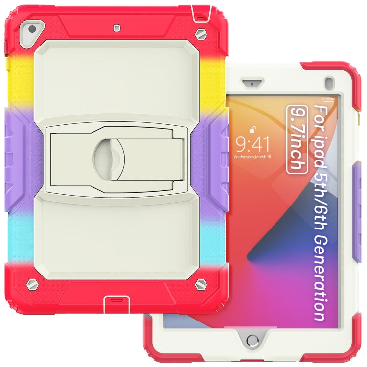 Shockproof Colorful Silicone + Beige PC Tablet Protective Case with Holder & Shoulder Strap For iPad 9.7 2018 / 2017