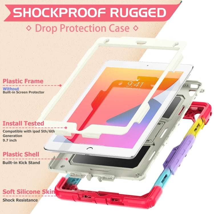 Shockproof Colorful Silicone + Beige PC Tablet Protective Case with Holder & Shoulder Strap For iPad 9.7 2018 / 2017