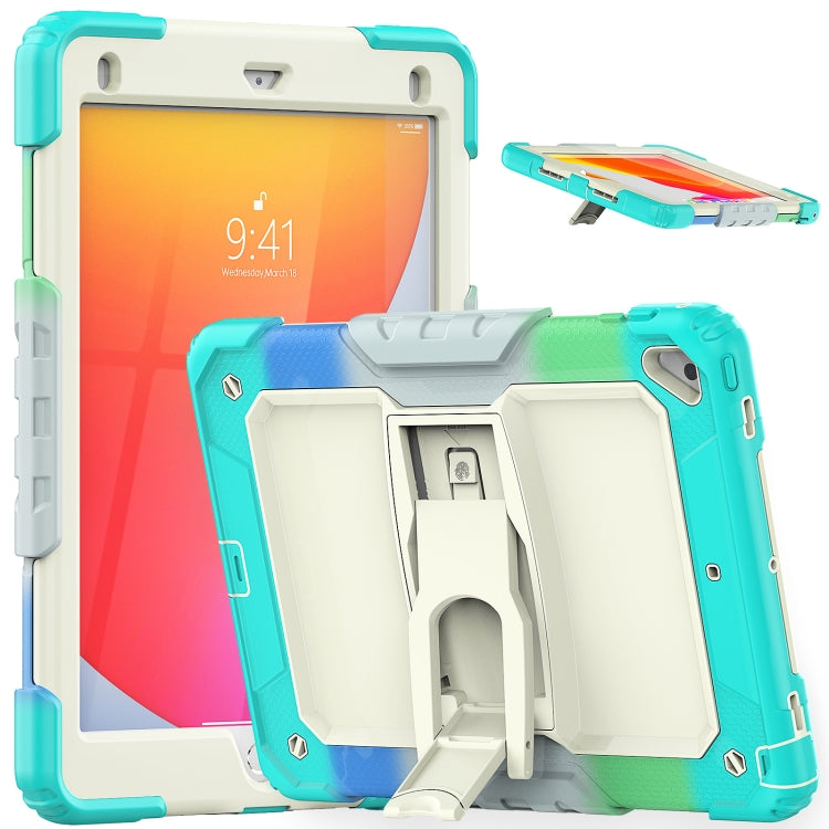 Shockproof Colorful Silicone + Beige PC Tablet Protective Case with Holder & Shoulder Strap For iPad 9.7 2018 / 2017