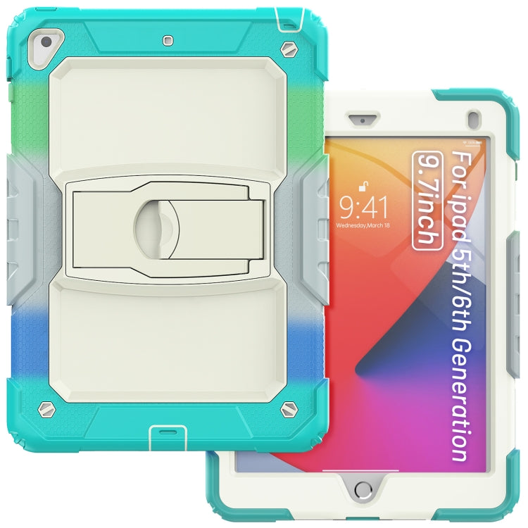 Shockproof Colorful Silicone + Beige PC Tablet Protective Case with Holder & Shoulder Strap For iPad 9.7 2018 / 2017