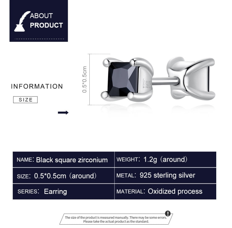 S925 Sterling Silver Black Square Zirconium Ear Studs Women Earrings