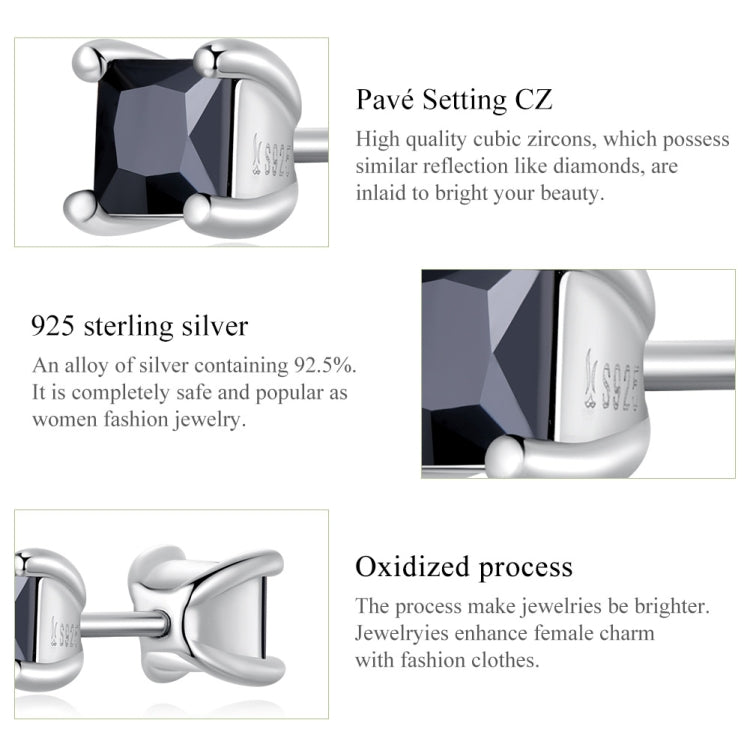 S925 Sterling Silver Black Square Zirconium Ear Studs Women Earrings