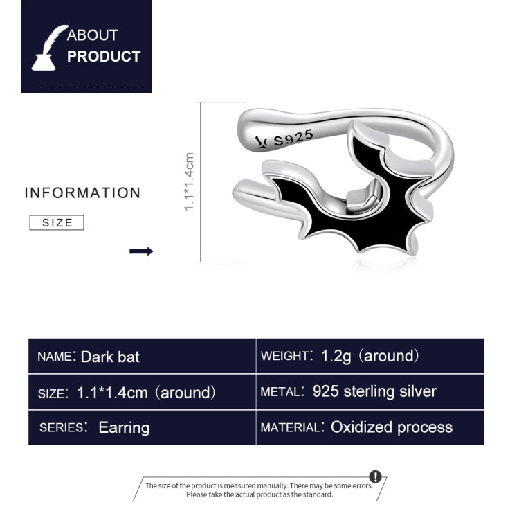 S925 Sterling Silver Dark Bat Ear Bone Clamp Women Earrings