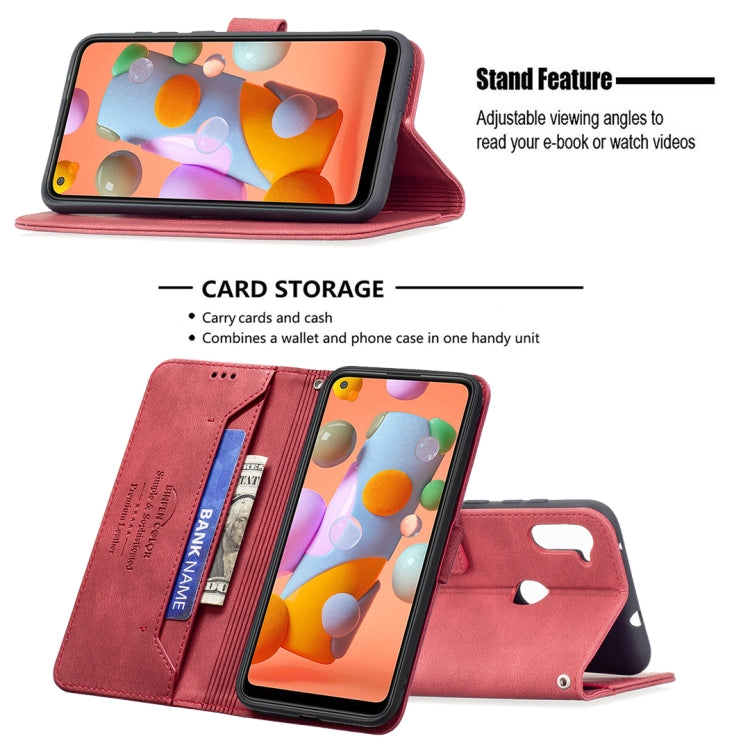 For Samsung Galaxy A11 Magnetic Clasp RFID Blocking Anti-Theft Leather Case with Holder & Card Slots & Wallet