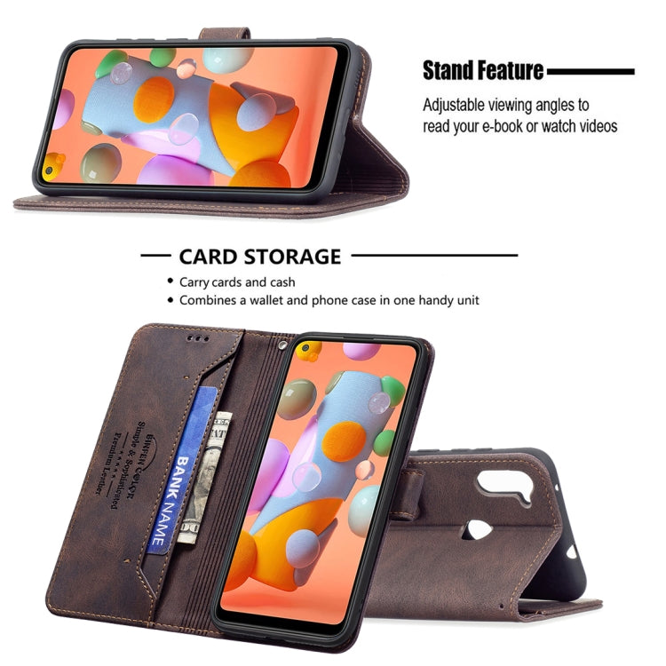 For Samsung Galaxy A11 Magnetic Clasp RFID Blocking Anti-Theft Leather Case with Holder & Card Slots & Wallet