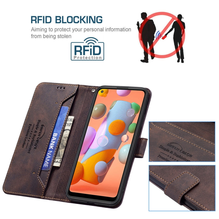 For Samsung Galaxy A11 Magnetic Clasp RFID Blocking Anti-Theft Leather Case with Holder & Card Slots & Wallet