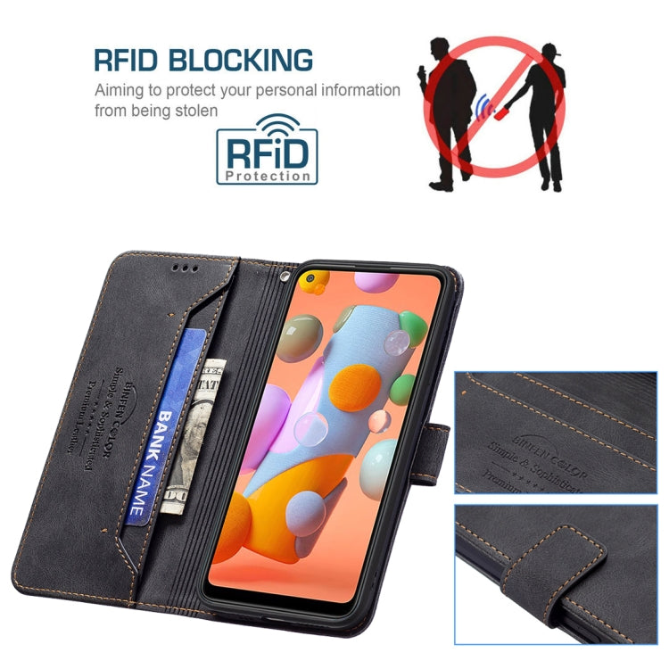 For Samsung Galaxy A11 Magnetic Clasp RFID Blocking Anti-Theft Leather Case with Holder & Card Slots & Wallet