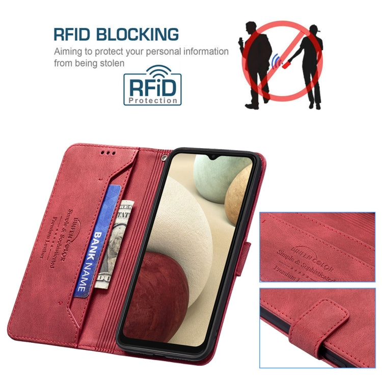For Samsung Galaxy A12 Magnetic Clasp RFID Blocking Anti-Theft Leather Case with Holder & Card Slots & Wallet
